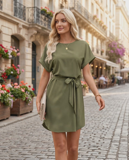 Elara Mini Dress in olive green, smooth woven fabric, round neckline, self-tie waist belt by Lauven, stylish and modern.