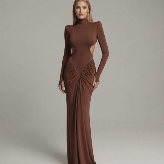 Sienna Maxi Dress featuring high neck, long sleeves, ruched open back, elegant brown fabric by Lauven.