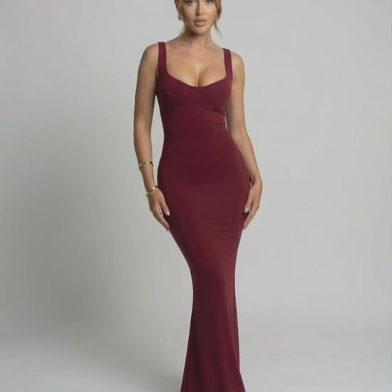 Valora Maxi Dress - burgundy slip silhouette with U-neck design, body-skimming finish by Lauven.