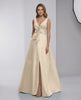 Calista Maxi Dress - elegant satin A-line with bow detail, V-neck, and stylish slit for a refined evening look.