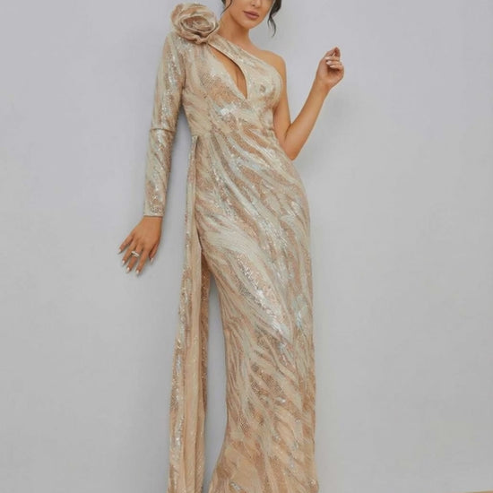 Celeste Maxi Dress by Lauven featuring a one-shoulder design and shimmering sequins, perfect for elegant evening wear.