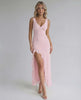 Rosalie Maxi Dress - Pink elegant dress with ruffle slit, flowing silhouette, and lightweight fabric by Lauven.