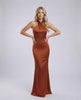 Sienna Maxi Dress - Rust satin maxi dress with halter neck from Lauven, perfect for formal and modern occasionwear.