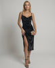 Nova Midi Dress by Lauven - Elegant black velvet sheath with side slit, perfect for luxurious occasions.