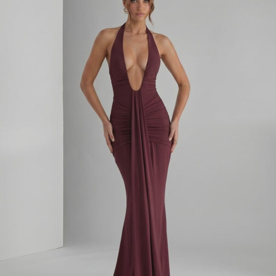 Aurelia Maxi Dress by Lauven, featuring stretch jersey, halter neck, and body-skimming silhouette for modern elegance.