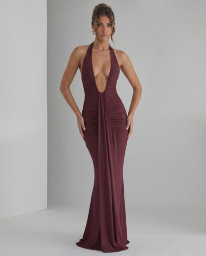 Aurelia Maxi Dress by Lauven, featuring stretch jersey, halter neck, and body-skimming silhouette for modern elegance.