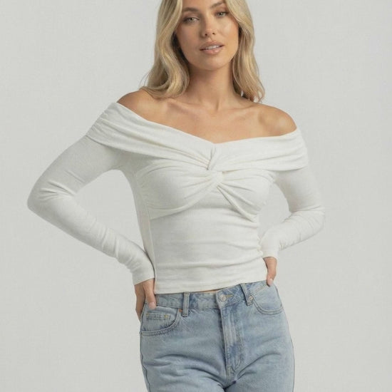 Monaco Top by Lauven – Women’s Off The Shoulder Long Sleeve Top with Twist-Front in Ribbed Stretch Knit.