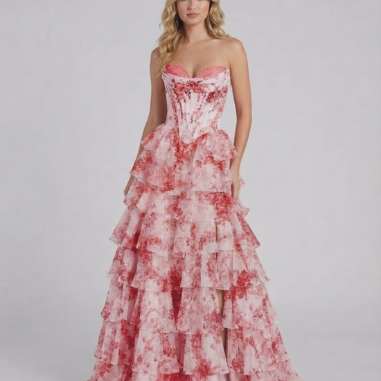 Elegant Rosalia Maxi Dress by Lauven featuring a romantic pink floral print and tiered chiffon design.