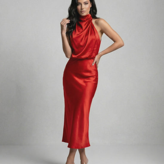 Scarlet Midi Dress – Satin Halter Neck Red Midi Dress by Lauven for elegant evening and cocktail occasions.