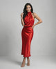 Scarlet Midi Dress – Satin Halter Neck Red Midi Dress by Lauven for elegant evening and cocktail occasions.