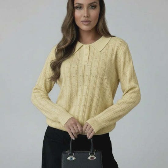 Soleil Sweater by Lauven - Women’s yellow knit sweater with collared design and long sleeves.