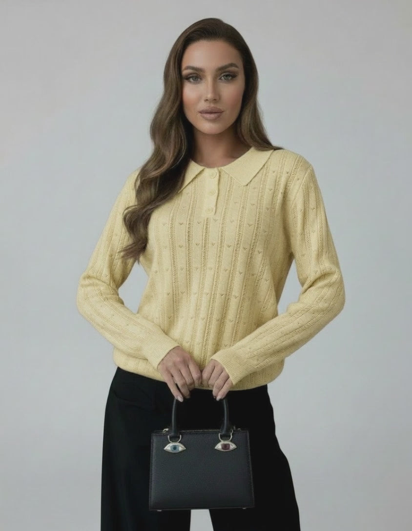 Soleil Sweater by Lauven - Women’s yellow knit sweater with collared design and long sleeves.