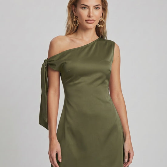Veloura Mini Dress featuring satin finish, asymmetric neckline, and A-line silhouette by Lauven.