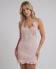 Isla Mini Dress by Lauven, pink halter neck pleated mini dress with spaghetti straps and flower detail.