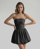 Luna Mini Dress by Lauven, sleek black strapless satin mini dress with flattering A-line silhouette.
