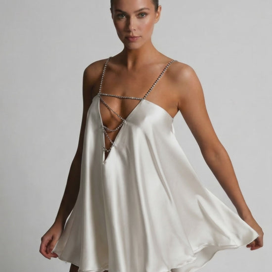 Alba Mini Dress by Lauven, elegant satin A-line dress with rhinestone accents in classic ivory.