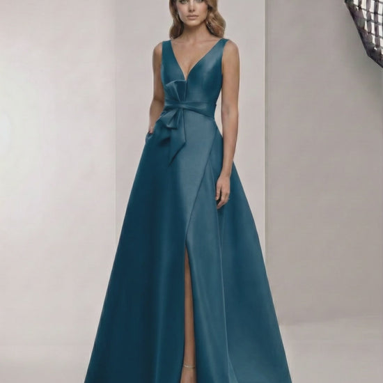 Orion Maxi Dress - Satin A-Line teal dress with V-Neck, bow detail, elegant and timeless style by Lauven.