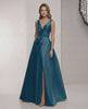 Orion Maxi Dress - Satin A-Line teal dress with V-Neck, bow detail, elegant and timeless style by Lauven.