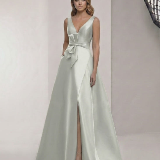 Virelle Maxi Dress - Satin sage silver A-Line gown with V-neck and bow detail, perfect for elegant occasions.