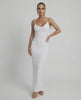 Celeste Maxi Dress by Lauven, elegant white sleeveless bodycon with spaghetti straps and smooth fit.