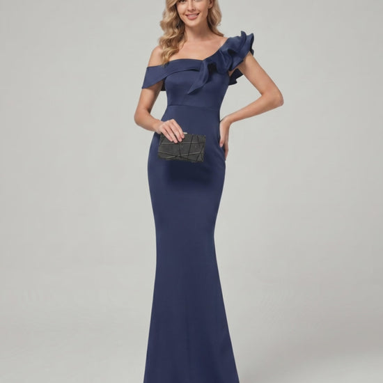 Velmora Maxi Dress featuring an off-shoulder design, mermaid silhouette, and ruffle detail by Lauven.