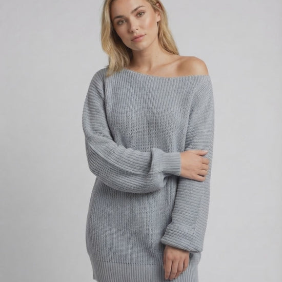 Glacier Mini Dress by Lauven, featuring a soft light gray oversized silhouette with off-shoulder neckline and lantern sleeves.