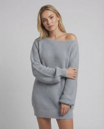 Glacier Mini Dress by Lauven, featuring a soft light gray oversized silhouette with off-shoulder neckline and lantern sleeves.