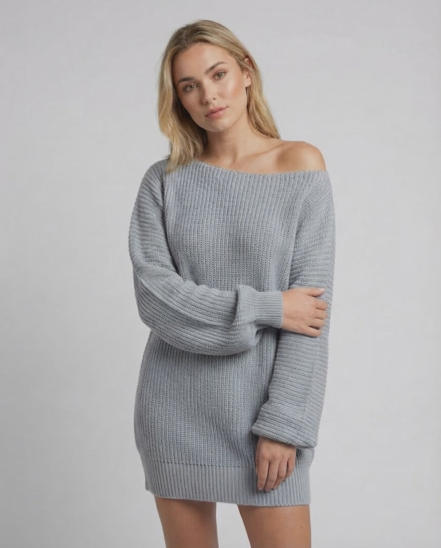 Glacier Mini Dress by Lauven, featuring a soft light gray oversized silhouette with off-shoulder neckline and lantern sleeves.