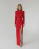 Valencia Maxi Dress by Lauven in vibrant red with a sleek fit, elegant side slit, and full-length sleeves.