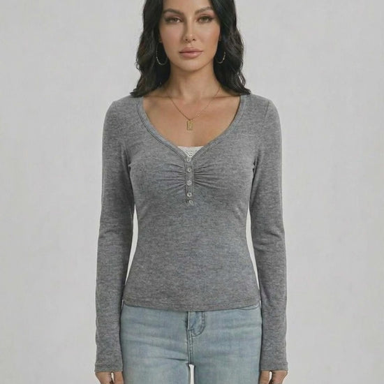 Sterling Pullover - Women’s Slim Fit V-Neck Long Sleeve Pullover by Lauven with button detail and soft fabric.