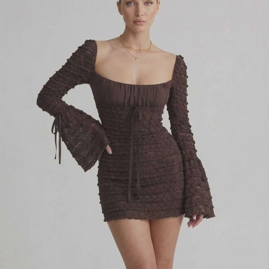 Celeste Mini Dress featuring elegant sheath silhouette, flare sleeves and luxurious chocolate brown color by Lauven.