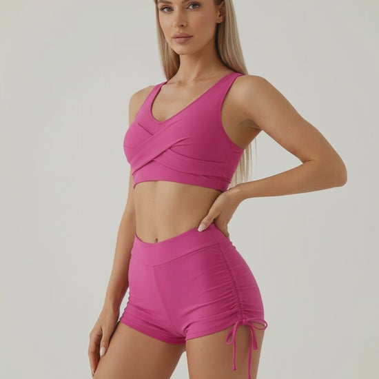 Malibu Set by Lauven - Chic pink women's two piece set featuring sleeveless crop top and high waist shorts.
