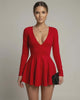 Allegra Mini Dress in vibrant red with deep V-neckline, flared skirt, by Lauven, perfect for a sexy club look.