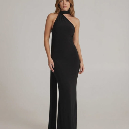 Solene Maxi Dress - Black Halter Neck Dress with Draped Sash, Elegant and Sleek by Lauven.