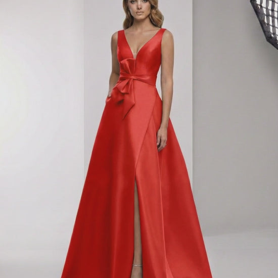 Valencia Maxi Dress - Red Satin A-Line Maxi Dress with Wrap Slit and Bow Waist by Lauven, elegant and refined for formal occasions.