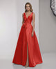 Valencia Maxi Dress - Red Satin A-Line Maxi Dress with Wrap Slit and Bow Waist by Lauven, elegant and refined for formal occasions.