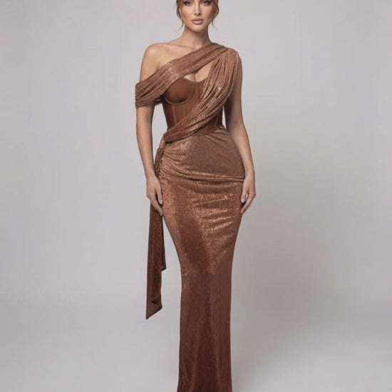 Bronte Maxi Dress - Copper Green Draped Maxi Dress by Lauven with bustier detail and metallic shimmer finish.