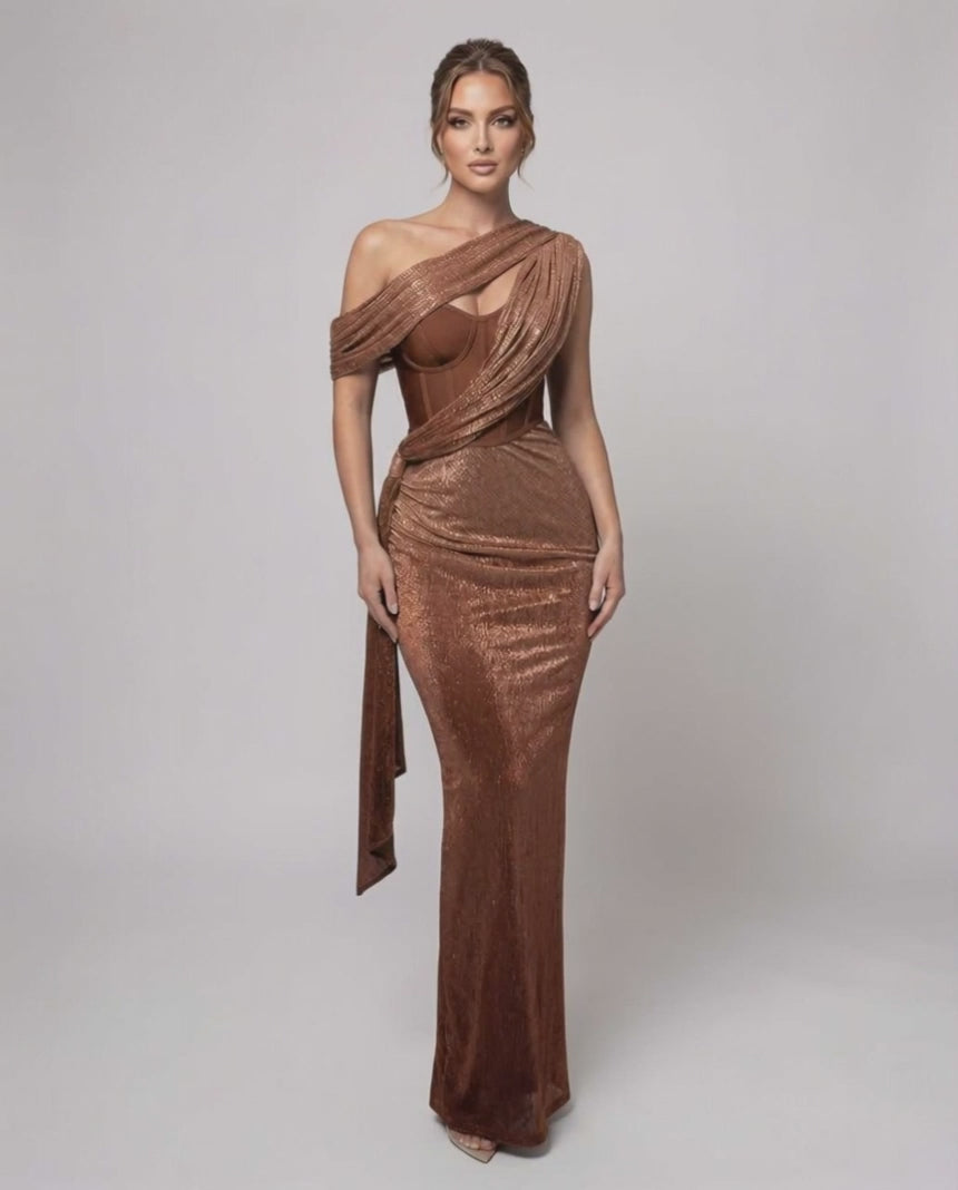 Bronte Maxi Dress - Copper Green Draped Maxi Dress by Lauven with bustier detail and metallic shimmer finish.