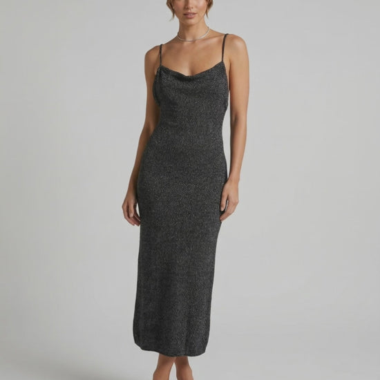 Serenelle Midi Dress by Lauven – Black shimmer spaghetti strap midi dress featuring a sleek silhouette.