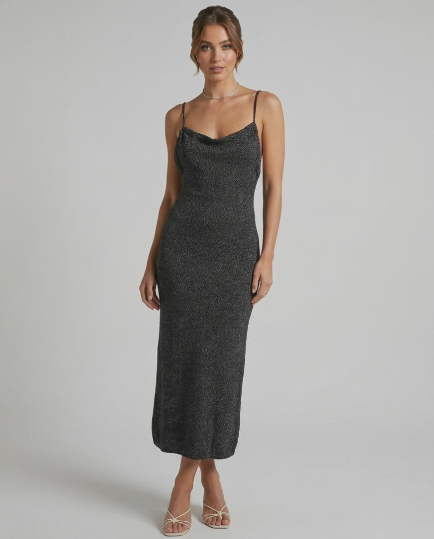 Serenelle Midi Dress by Lauven – Black shimmer spaghetti strap midi dress featuring a sleek silhouette.