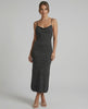 Serenelle Midi Dress by Lauven – Black shimmer spaghetti strap midi dress featuring a sleek silhouette.