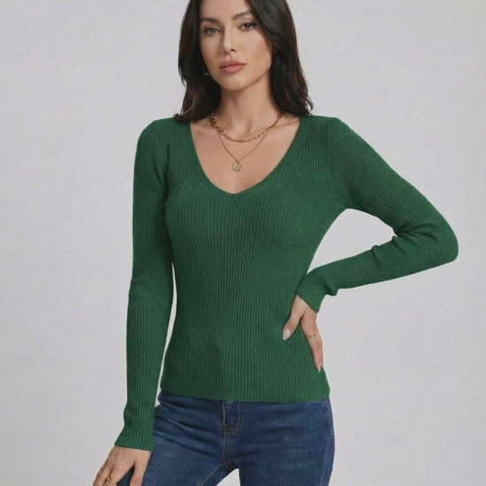 Siena Pullover by Lauven, women's green V-neck pullover sweater with a slim fit and long sleeves.