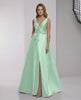 Elaris Maxi Dress in mint green satin featuring A-line elegance and modern wrap detail by Lauven.