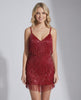 Lauven Scarlet Mini Dress in red sequin fringe, featuring a V-neckline and stylish movement, perfect for parties.