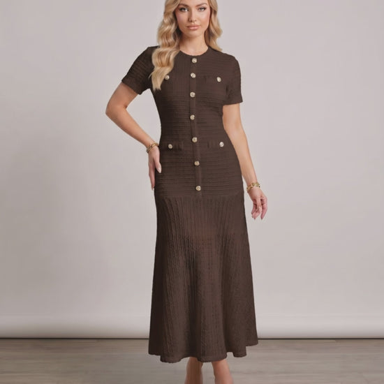 Aureline Maxi Dress by Lauven, textured knit, round neck, refined structure, softly contoured silhouette.