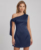 Veloura Mini Dress by Lauven, featuring satin finish, asymmetric neckline, modern A-line silhouette.