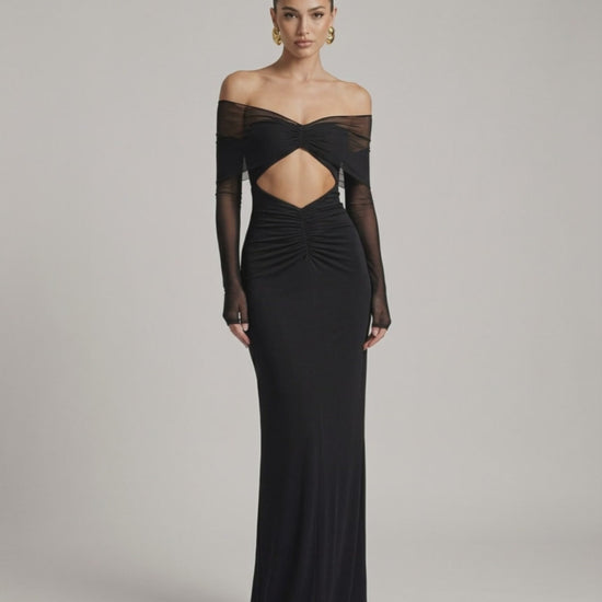Selene Maxi Dress featuring off-shoulder mesh sleeves, ruched cut-out detail, and a sleek evening silhouette by Lauven.