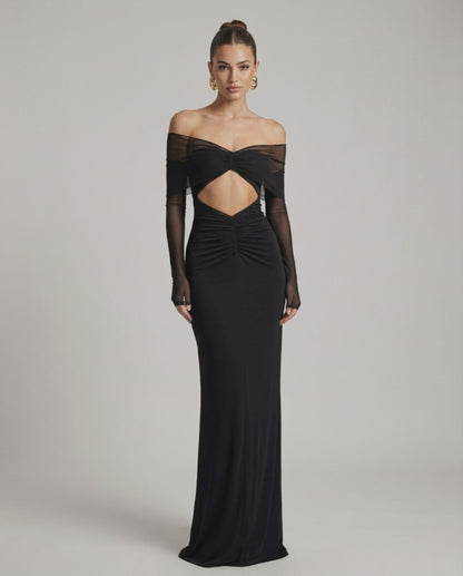 Selene Maxi Dress featuring off-shoulder mesh sleeves, ruched cut-out detail, and a sleek evening silhouette by Lauven.