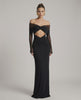 Selene Maxi Dress featuring off-shoulder mesh sleeves, ruched cut-out detail, and a sleek evening silhouette by Lauven.