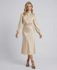 Lauven Sienna Midi Dress in champagne satin with high neck and long sleeves, showcasing elegant style and luxury.